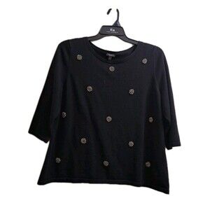 Talbots Sweater Pullover Knit Top Black Cotton Silk Rhinestones